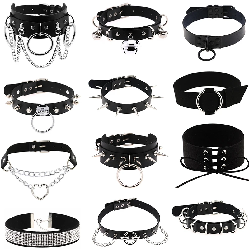 Harajuku Punk Rock Gothic Sexy PU Leather Heart Round Spike Rivet Collar Choker Necklace Body Handmade Jewelry  Party Gift