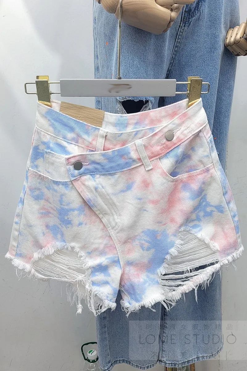 

2021 New Summer Korean Style Shorts for Women High Waist Oblique Breasted Frayed Gradient Short Pants Irregular Denim Hot Pants