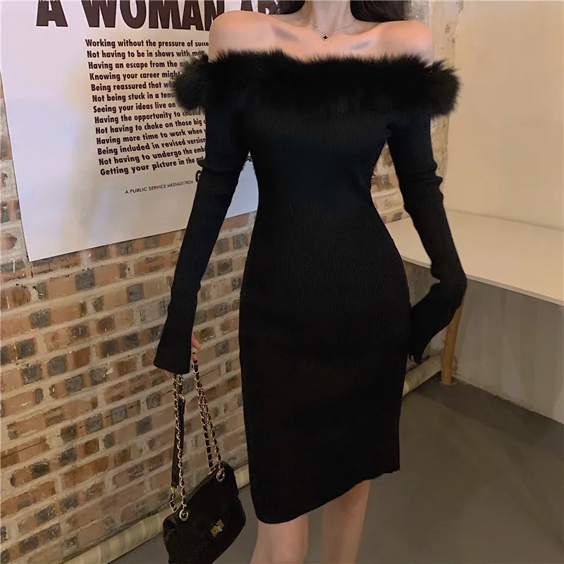 

Limiguyue Women Knitted Mini Dress Furry Collar Off Shoulder Sexy Party Dresses Elegant Autumn Winter Bodycon Vestidos K3773