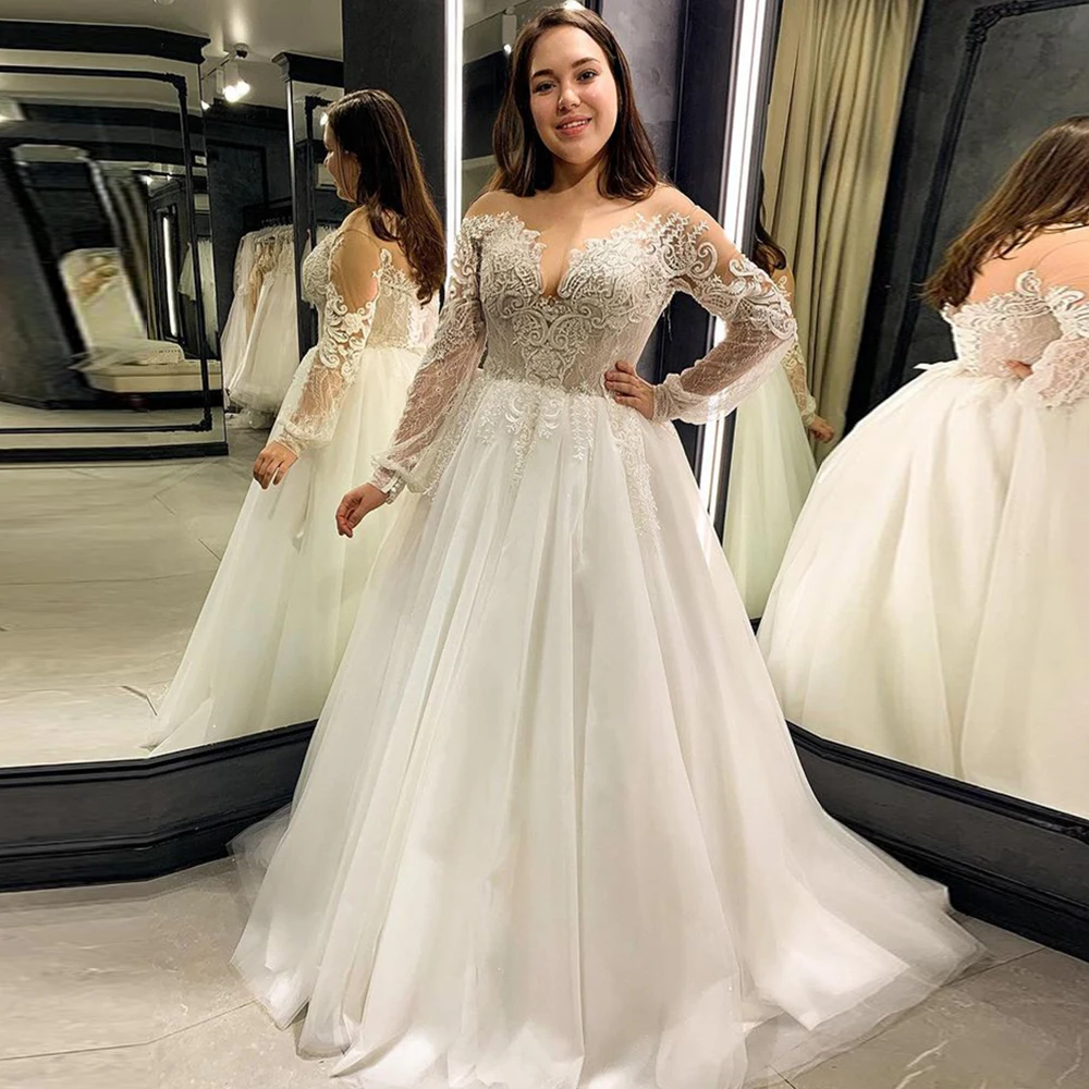 

Fivsole Boho Wedding Dress Appliques Lace V-Neck Sheer Neck A-Line Bohemian Bride Dress Long Sleeves Vestidos De Novia Lace-up