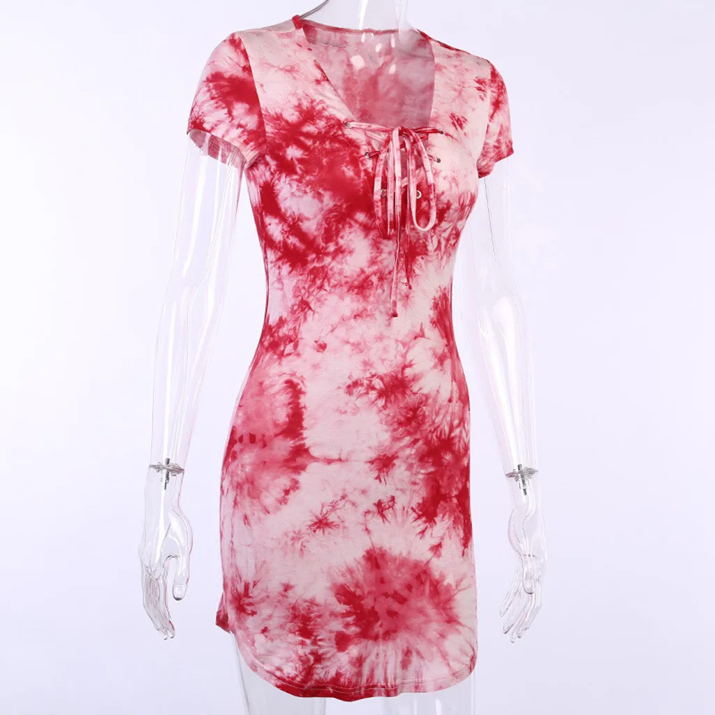 

Summer Dress 2020 Fall Women Sexy Casual Tie-dye Sheath Mini Dresses Ladies Solid V Neck Chest Button Short Sleeve Bodycon Dress
