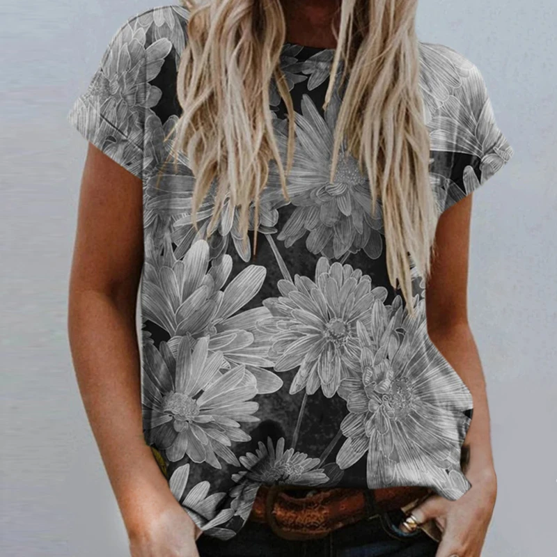 

Женская футболка с цветочным принтом, круглым вырезом и коротким рукавом