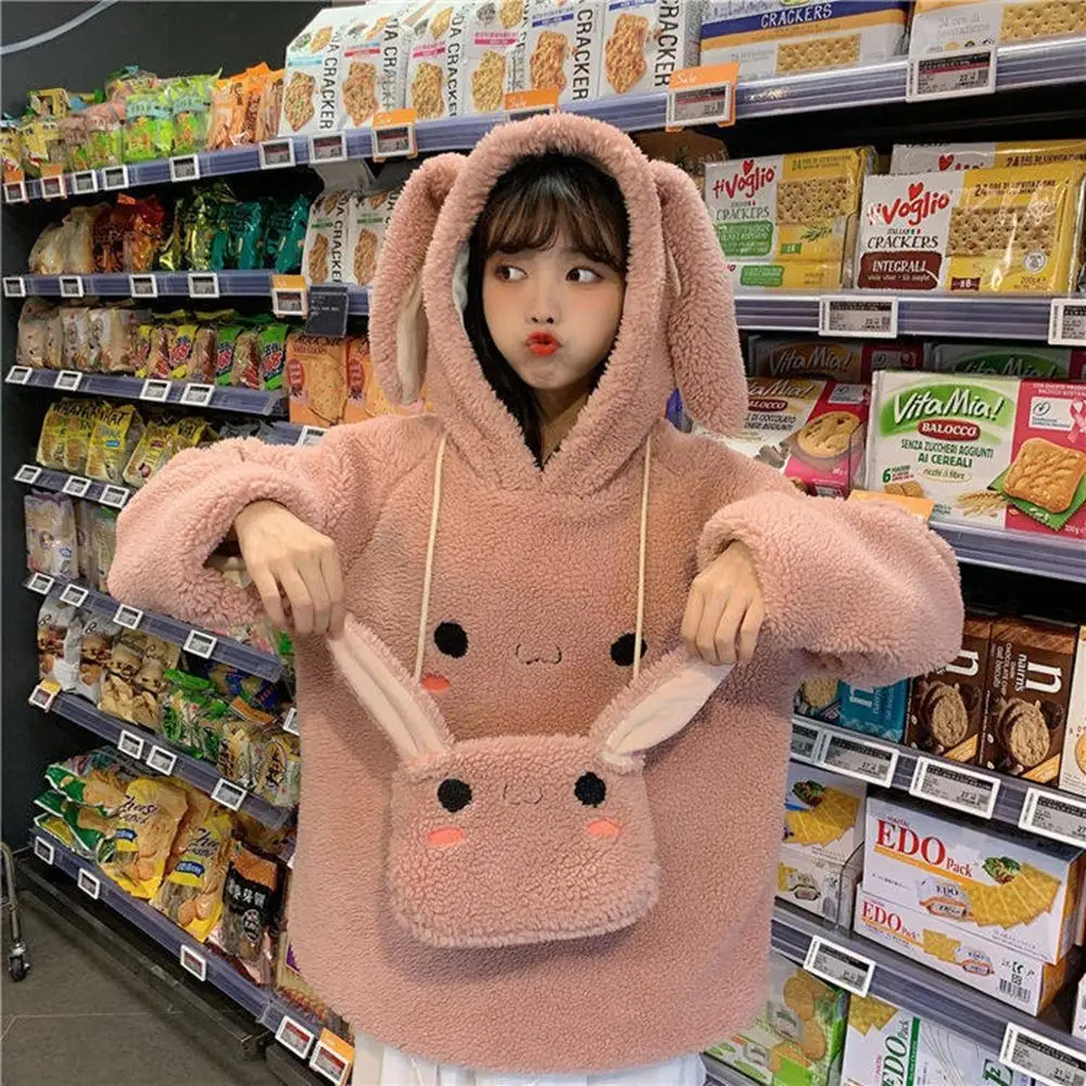 

Cute Couples rabbit ears students Hoodie Print Women Winter Plush Sweatshirts Pullovers Thick Cheap Hooded Loose bed Sleepwear