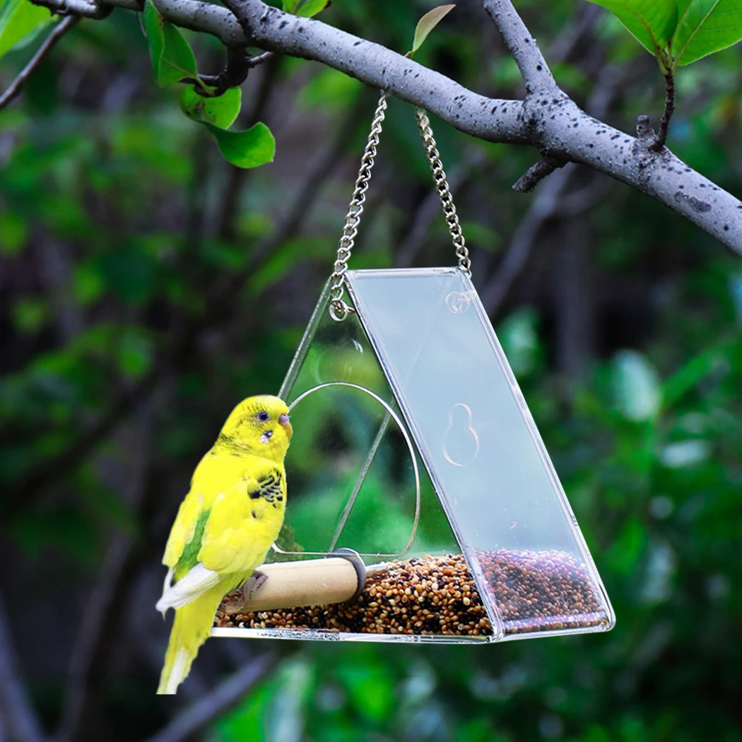 

Bird Feeding Box Clear Acrylic Triangular Bird Hanging Feeder Bird Feeder Box for Cage Transparent Bird Parrot Feeder