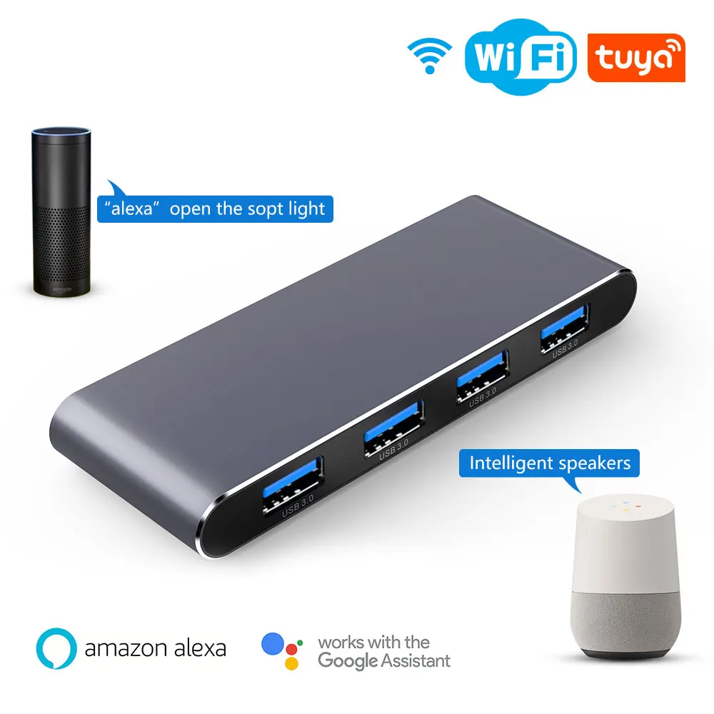 

Wi-Fi умный 4-портовый концентратор USB 3,0, совместимый с Alexa и Google Home