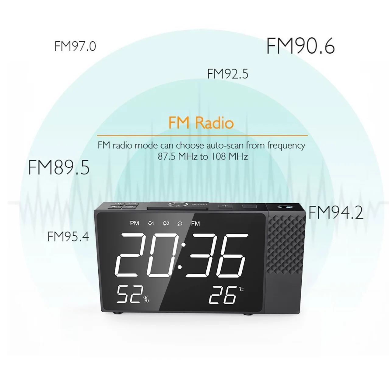 Цифровой проектор Будильник Радио время температура Пробуждение зеркало часы USB