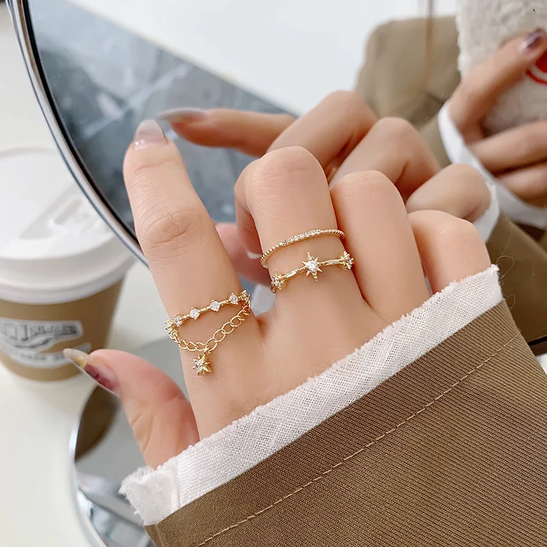 

2021 Ins Fashion Star Zircon Women Open Rings Double Layer Short Tassel Chain Star Ring Temperament Party Wedding Jewelry