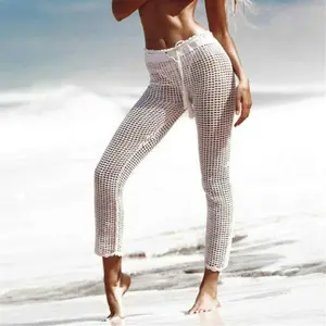 Женские пляжные сетчатые брюки, вязаные крючком ажурные сетчатые широкие брюки