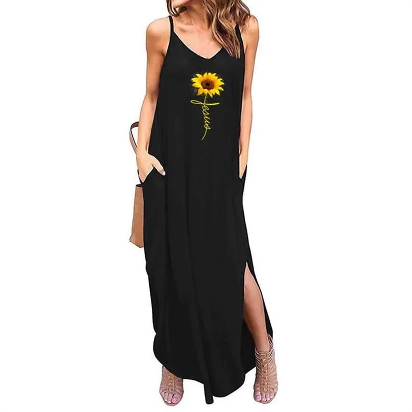 

Faith Sunflower Sundress Women's Dresses Za 2021y2k Maxi Dress Sleeveless V-neck Sling Slit Beach Blouse Long Skirt With Pocket