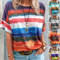 s 5xl summer new casual rainbow gradient t shirt pullovers women elegant round neck vintage stripe print streetwear