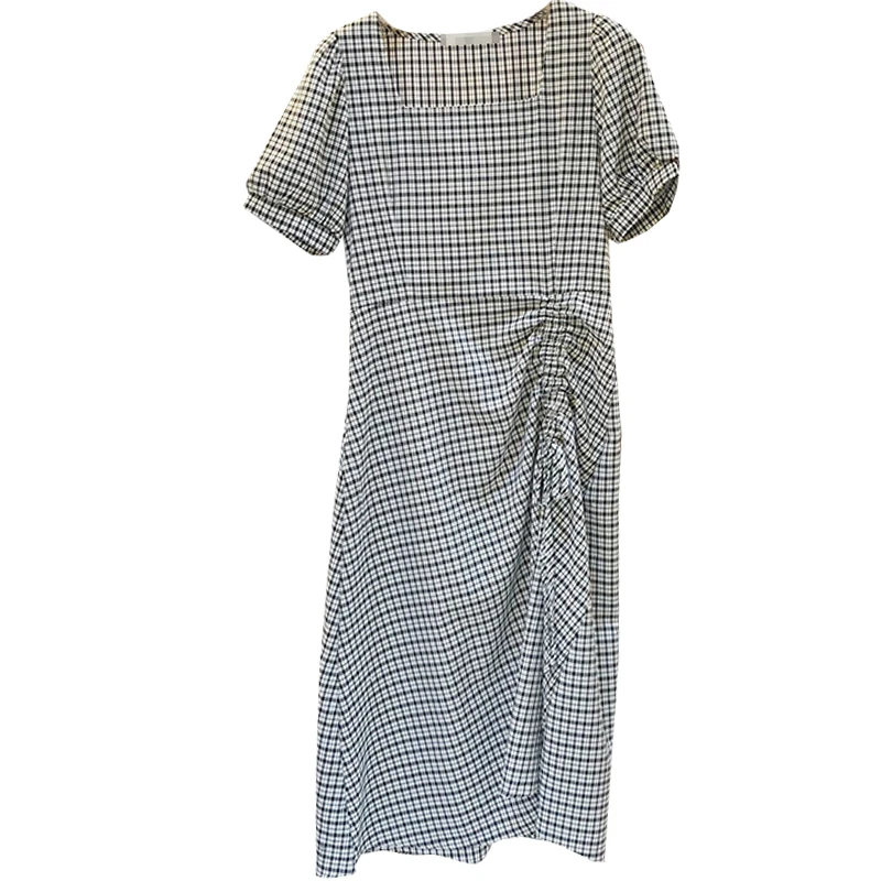 

2021 Summer New Korean Style Plaid Contrast Color All-Match Square Collar Elegant Slimming Drawstring Pleated Waist Dress for