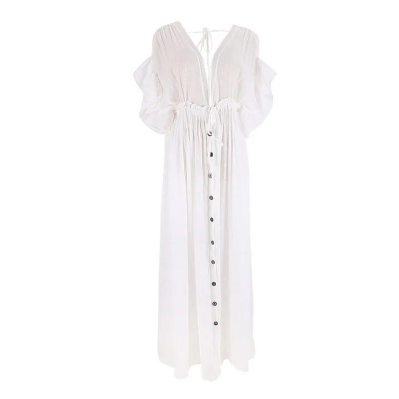 

Women Beach Outings Tunic For Cover Up 2021 New Slub Button High Waist Rope Skirt Cardigan Bikini Print Polyester Sierra Surfer