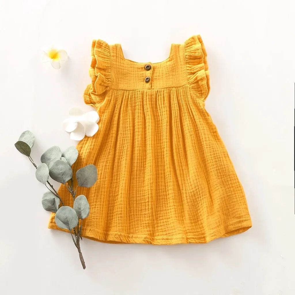 Summer children flying sleeves ruffled solid color cotton and linen dress pure yellow cute fashion breathable платье летнее S4 |