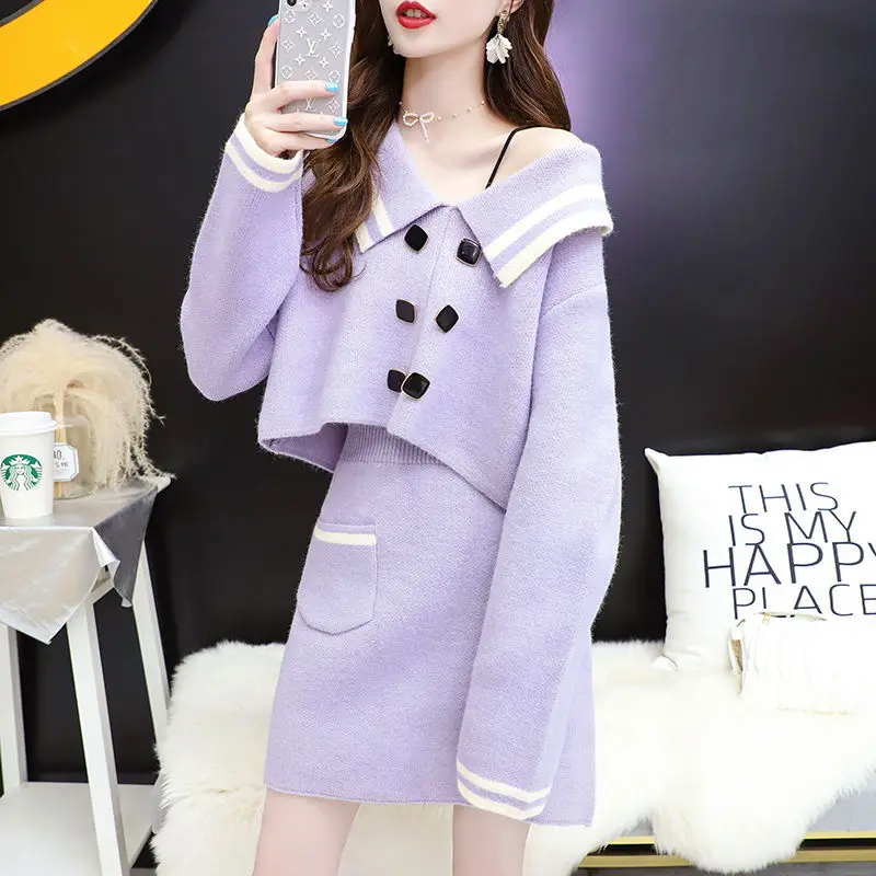 

Women 2020 Autumn Winter Elegant Knit 2 Piece Set Female Double-breasted Button Knitted Sweater Slim Mini Skirt Sets Suits L766