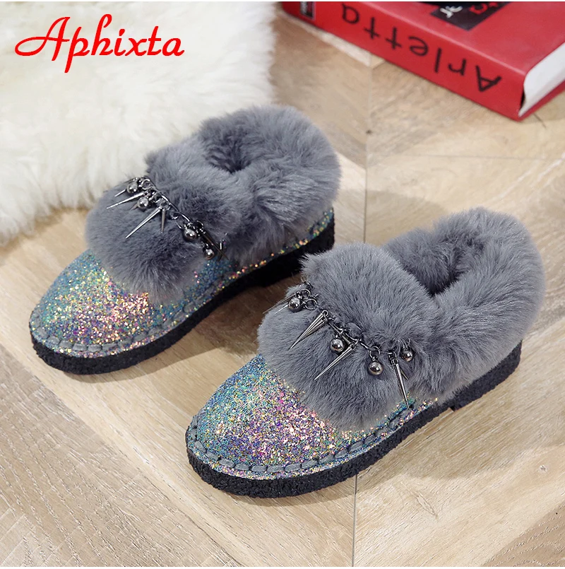 Сапоги aphixta; женские зимние ботильоны на плоской подошве; теплая женская обувь на платформе; женские меховые сапоги с круглым носком и металлической бахромой; Botas Mujer