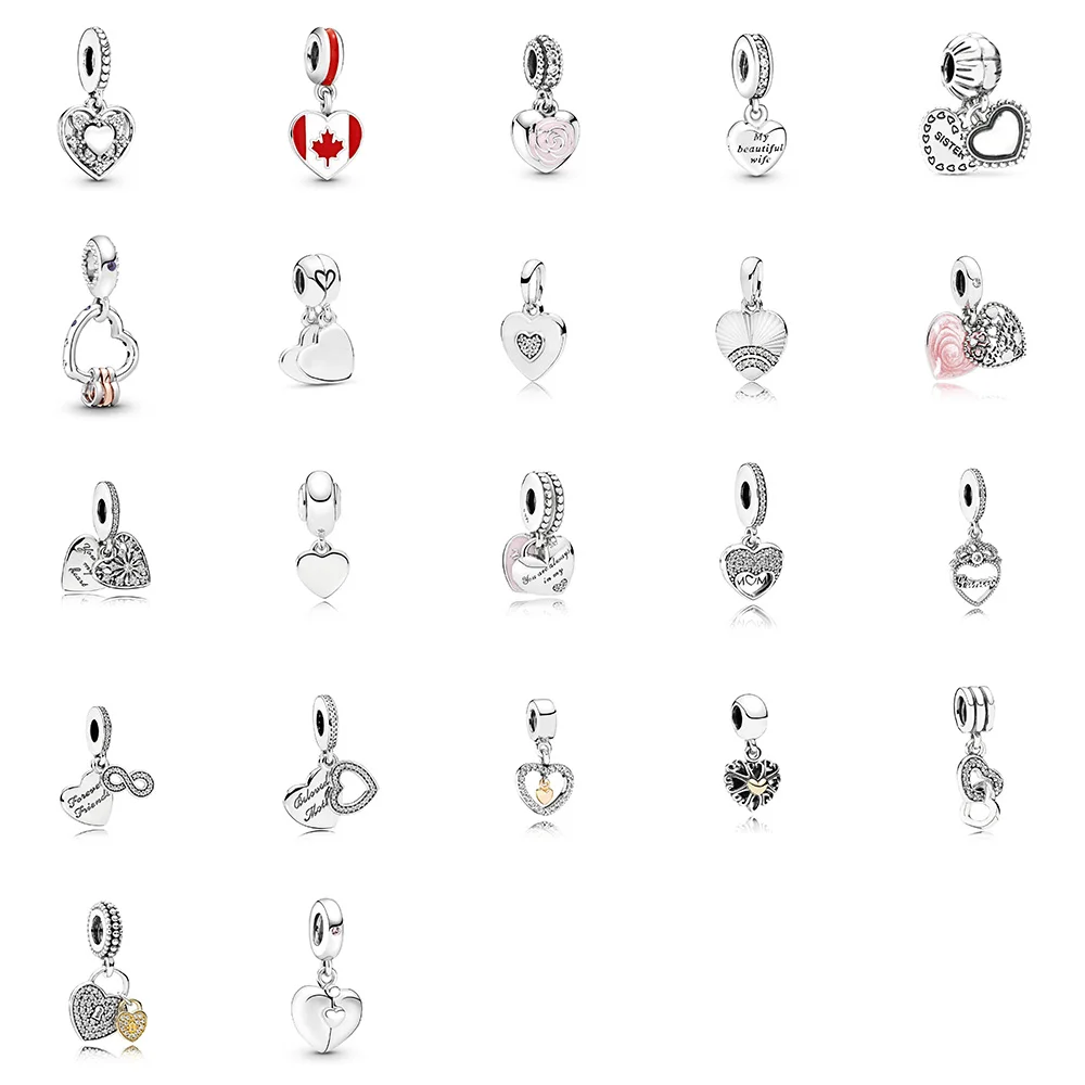 

925 Sterling Silver Bead Pendant Red Heart Shape Gold Crystal Hollow Out For Women Pandora Charms Original Bracelet Necklace