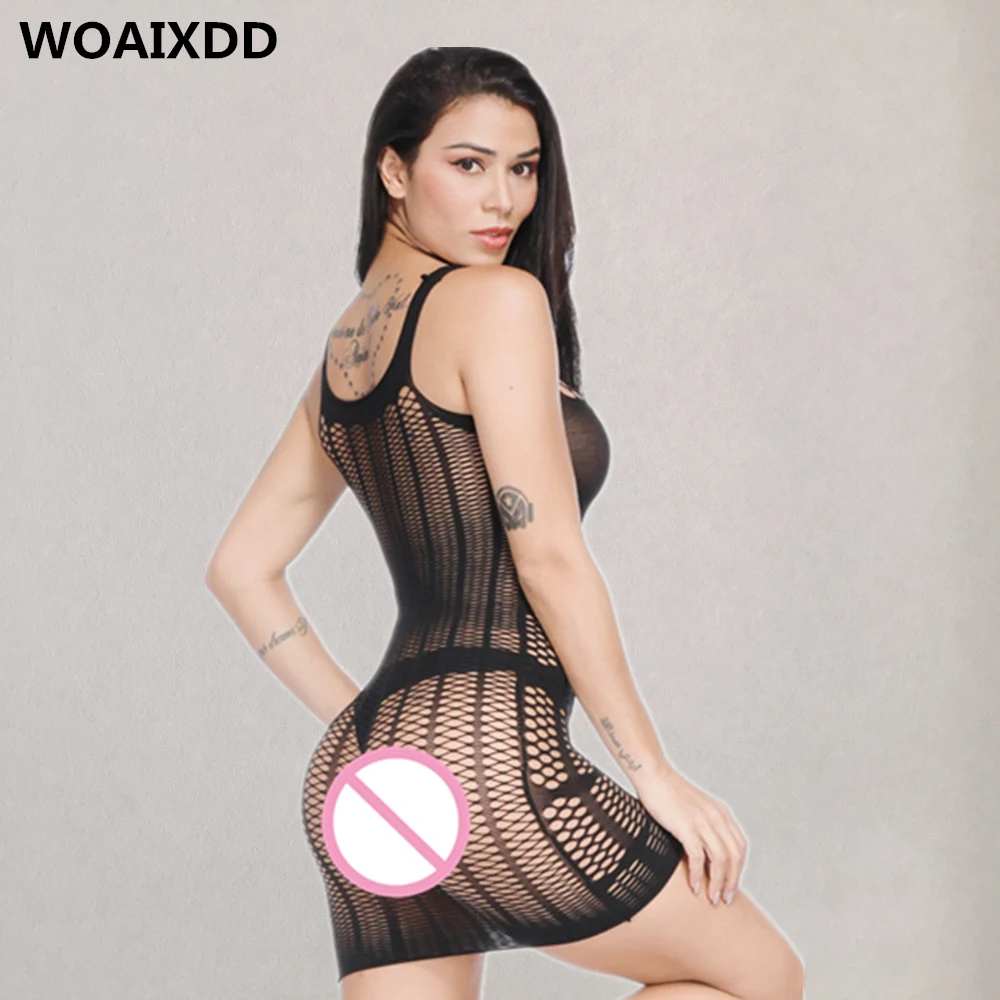 Размера плюс секс одежда Сетчатый верх с крупной ячейкой Интимное платье ажурный