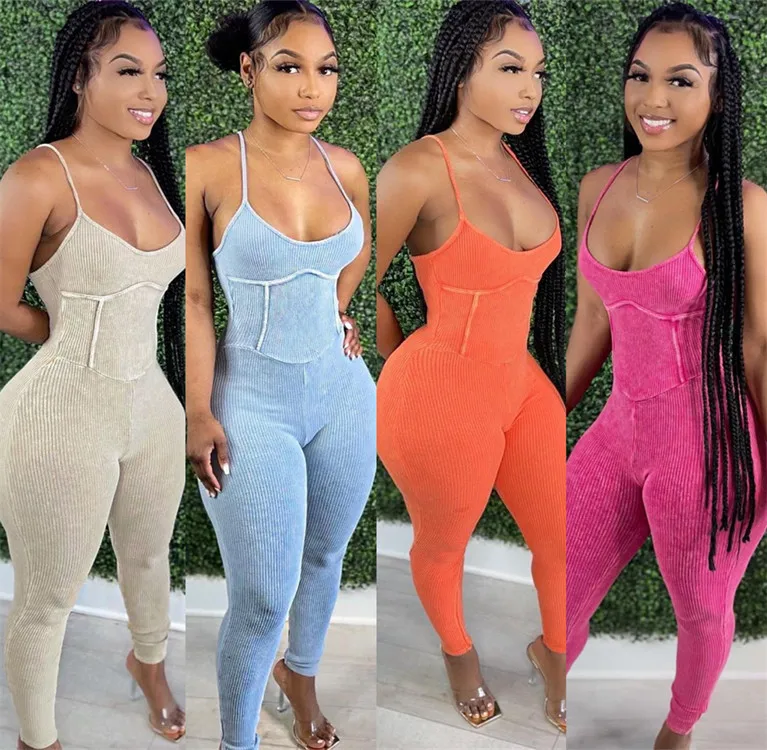 

Casaul Women Jumpsuit Spaghetti Strap Knit Ribbed Solid Color Bodycon Streetwear Sportwear Long Romper Women Jumpsuit Outfit