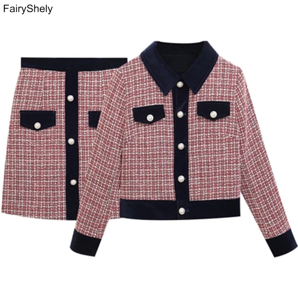 

FairyShely Korean Buttons Woolen Mini Skirt Suit Women 2020 Autumn Winter Warm Office Suit Plaid Jacket Short Skirt 2 Piece Suit
