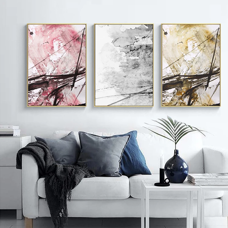 

New Abstract Yellow Gray Pink Ink Splash A4 Canvas Painting Art Print Poster Picture Wall Decoration Modern Home Decoration
