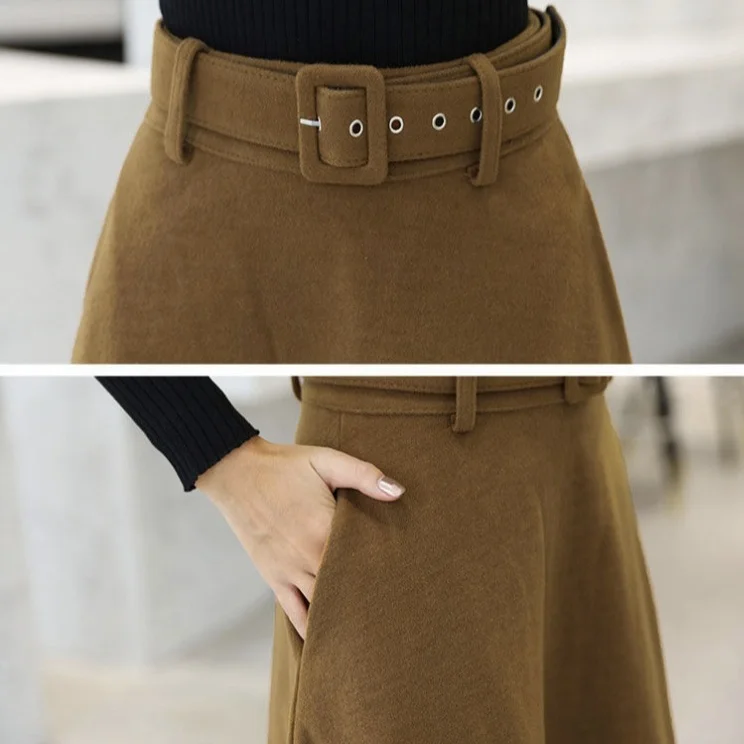 

Sllsky Winter Women Wool Skirt With Belt 2019 New Fashion Solid Vintage Woolen Skirt Female Street wear Casual Plus Size Skirts