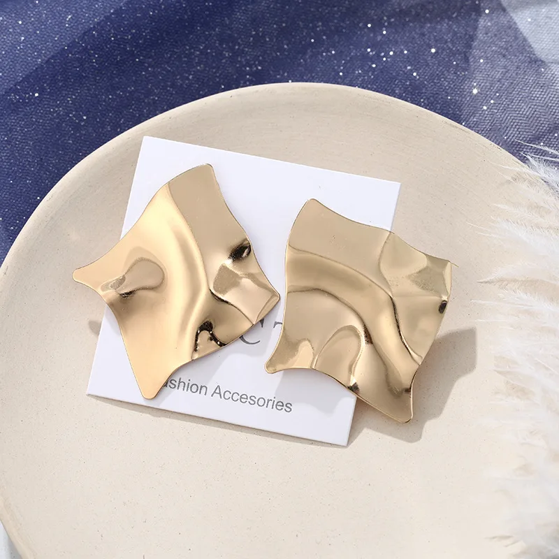 

European and American Personality Trend Metal Texture Folds Exaggerated Geometric Earrings Concave Convex Irregular Earrings