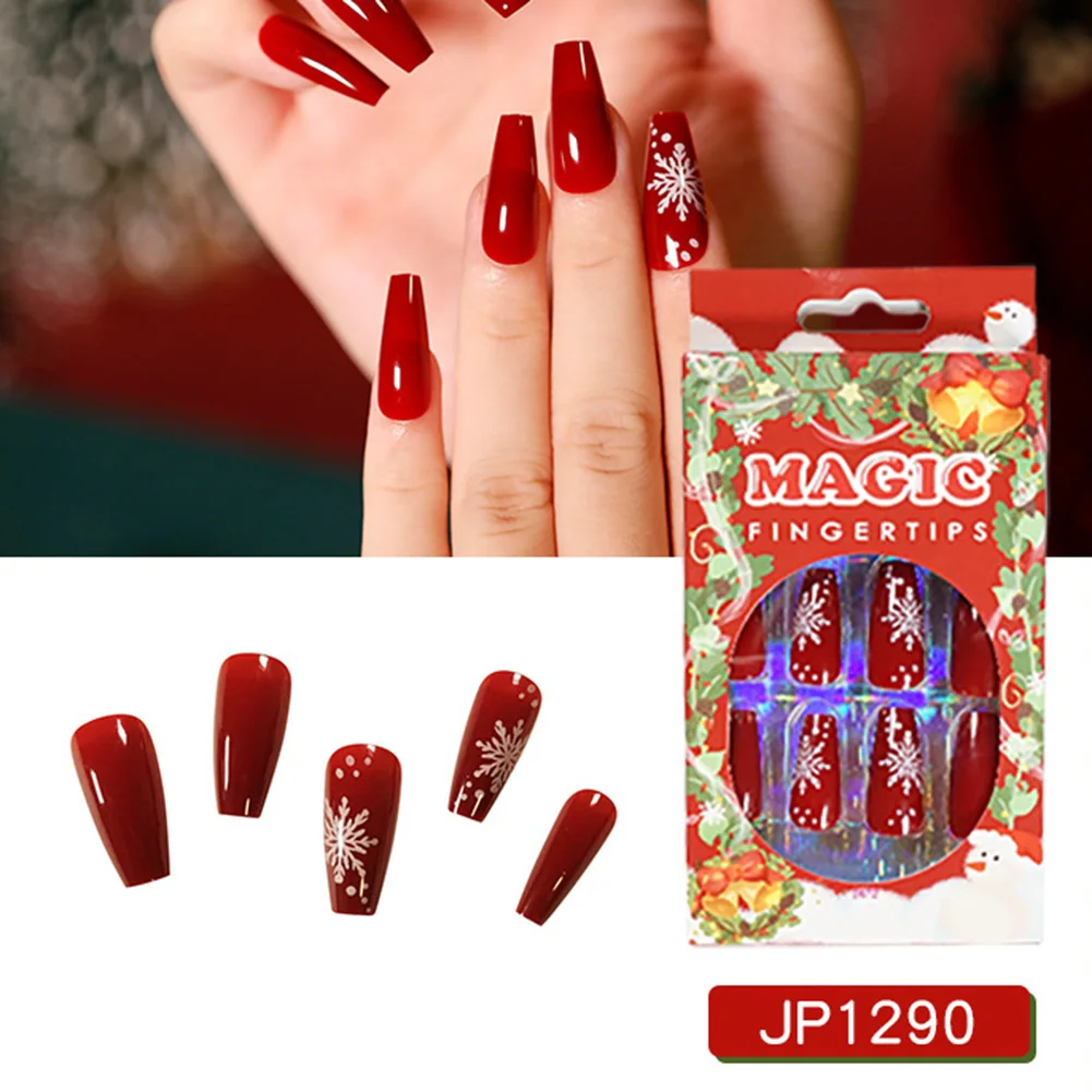 

24Pcs/Set Christmas Snowflakes Trees Pattern Design False Nail French Full Cover Fake Nails with Glue DIY Manicure Nail Art Tool