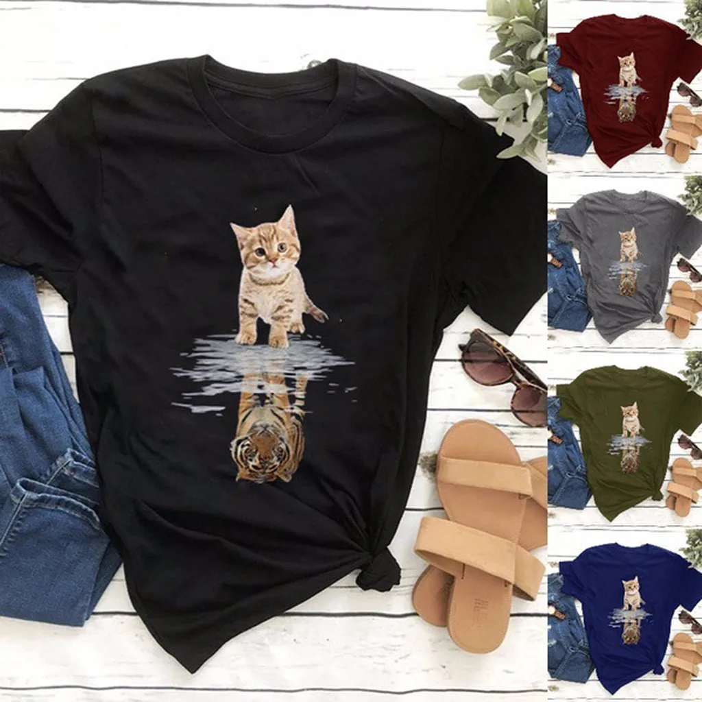 Летняя футболка размера плюс Женские топы с коротким рукавом 3D принтом кота