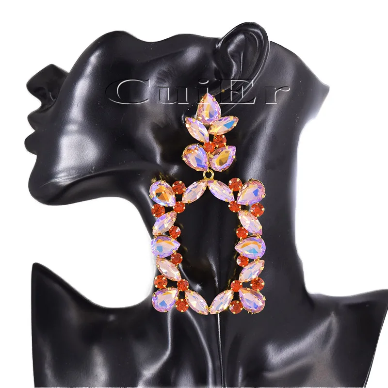 

CuiEr 4" Dangle Rectangle crystal glass Women Earrings Bling bling Rhinestones crystal Wedding Jewelry fashion show Accessories