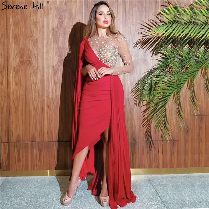 Red One Shoulder Mermaid Sexy Evening Dresses 2021 Long Sleeve Diamonds Satin Formal Dress Serene Hill LA70465 | Свадьбы и торжества