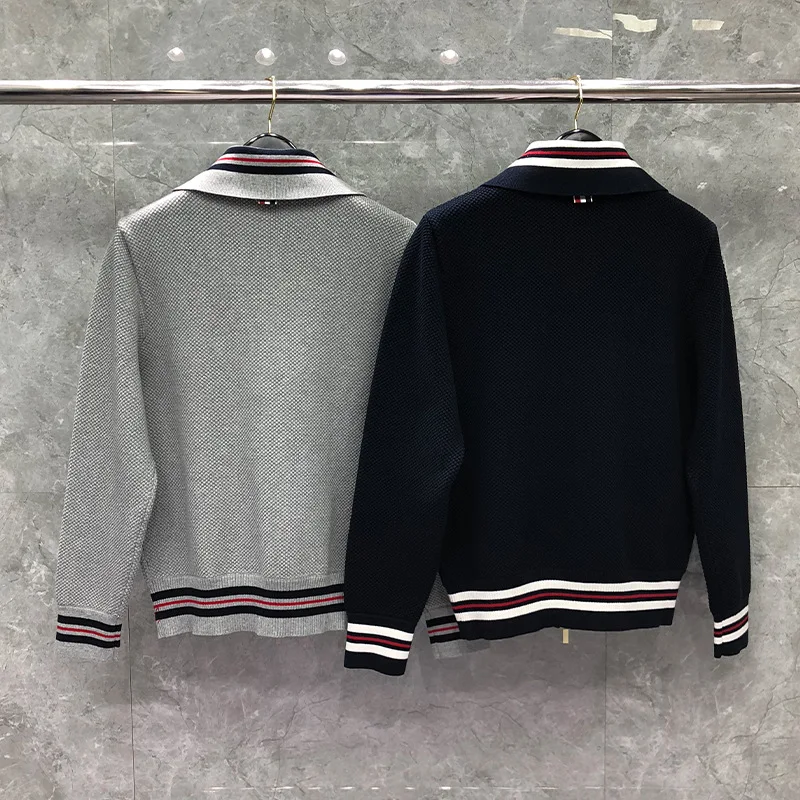 

Fashion TB 2021 THOM Brand Jacket Men Zipper Cardigans Clothing Autumn Winter Striped Loose Turn Down Collar Solid Casual Coat