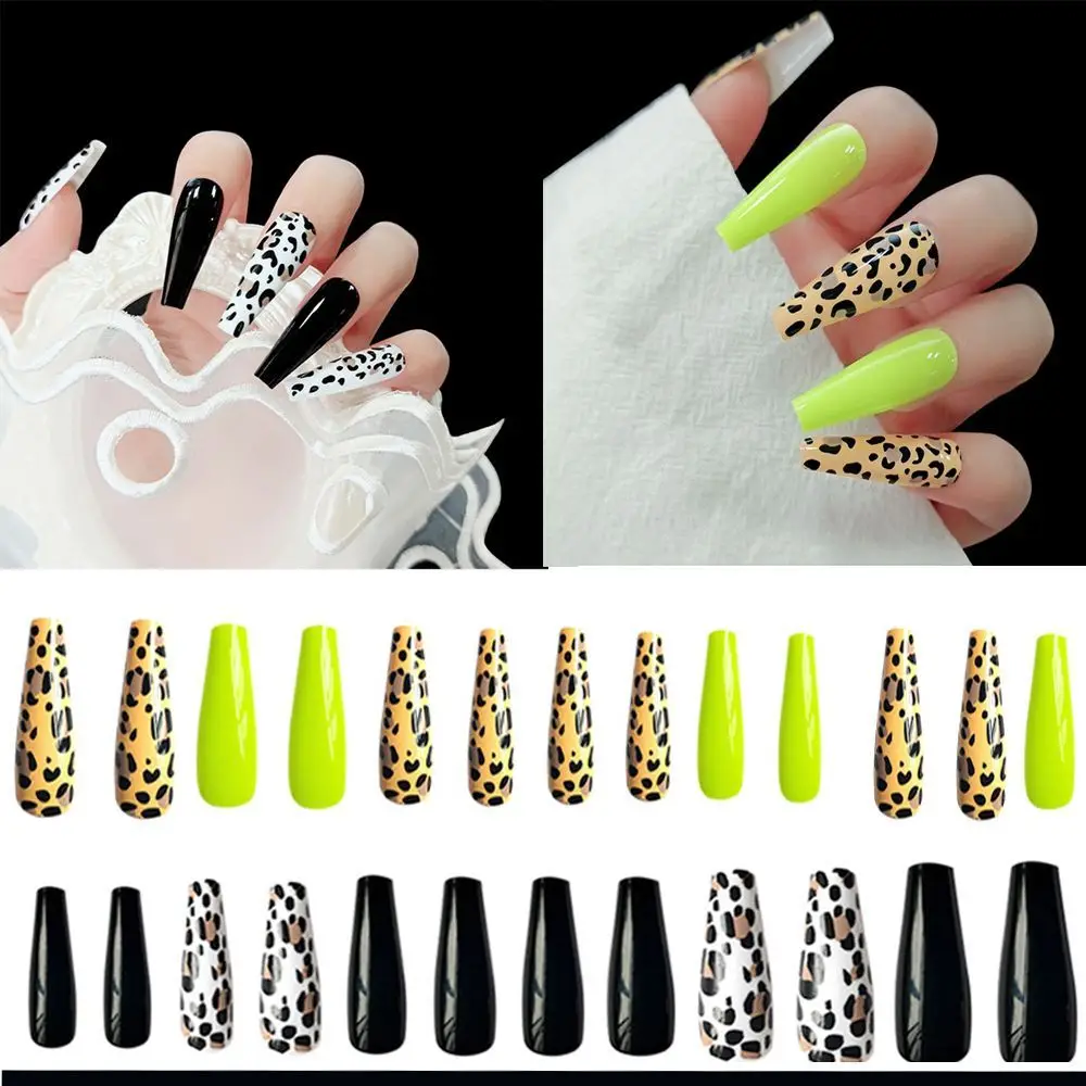 

2Boxes Acrylic Leopard Print Full Cover Nail Tips Fluorescent Ballerina Nail False Nails Coffin Fake Nail