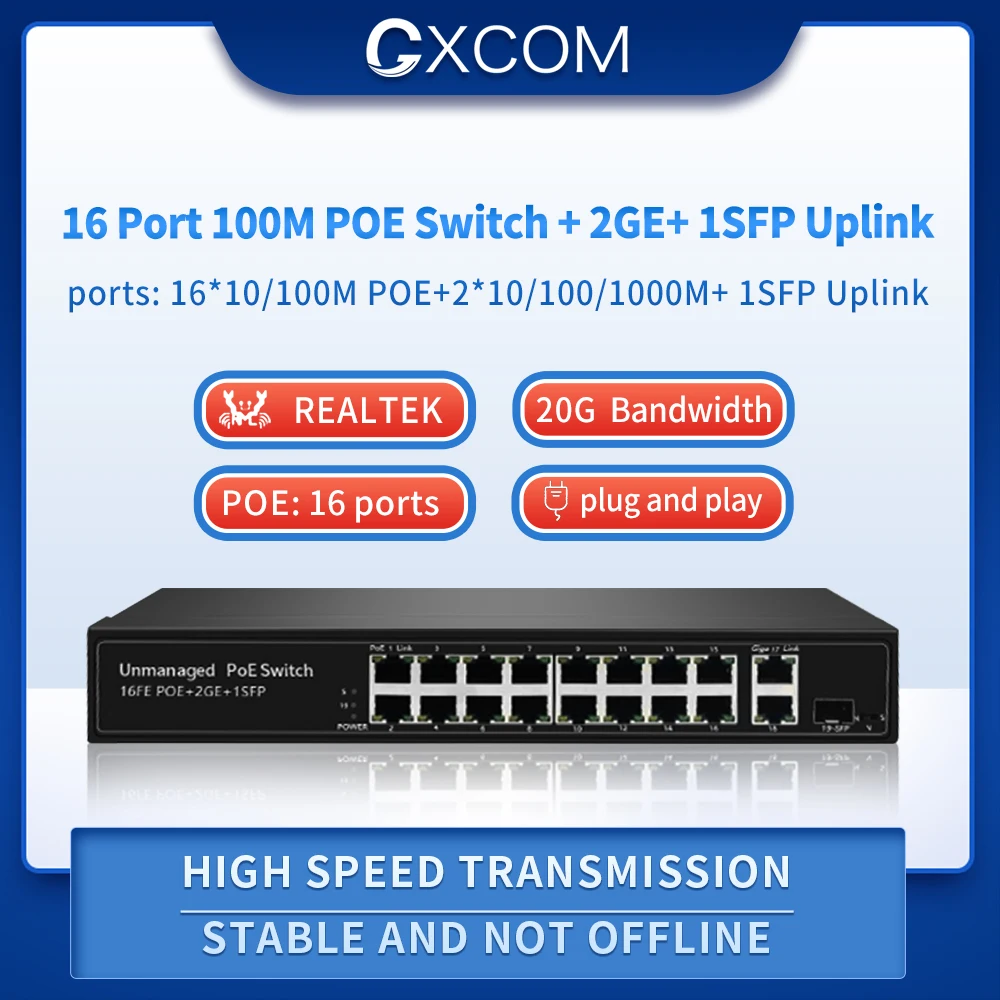 16-Port 10/100M POE With 2 Gigabit RJ45 Port +1 SFP Port 250m Long Distance  PoE Switch to ip camera,wireless ap,ip phone