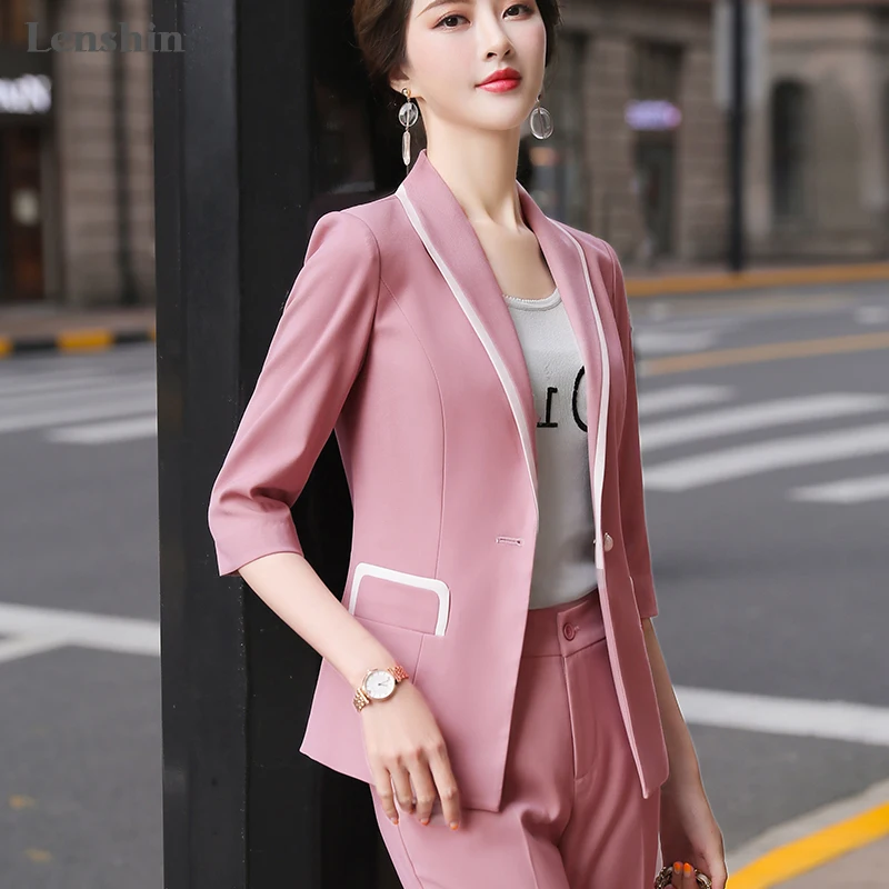 

Lenshin 2 Piece Set Half Sleeve Binding Striped Pant Suit Summer Wear Office Lady Designs Women Blazer Calf-Length Pant
