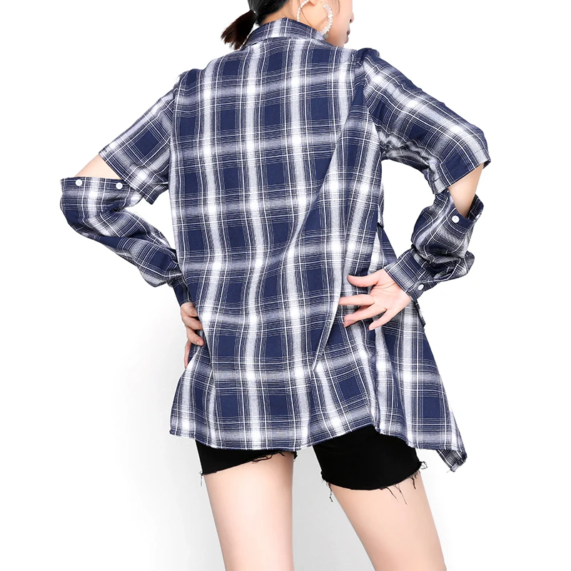 

[EAM] Women Blue Hollow Out Plaid Long Blouse New Lapel Long Sleeve Loose Fit Shirt Fashion Tide Spring Autumn 2021 JW8310