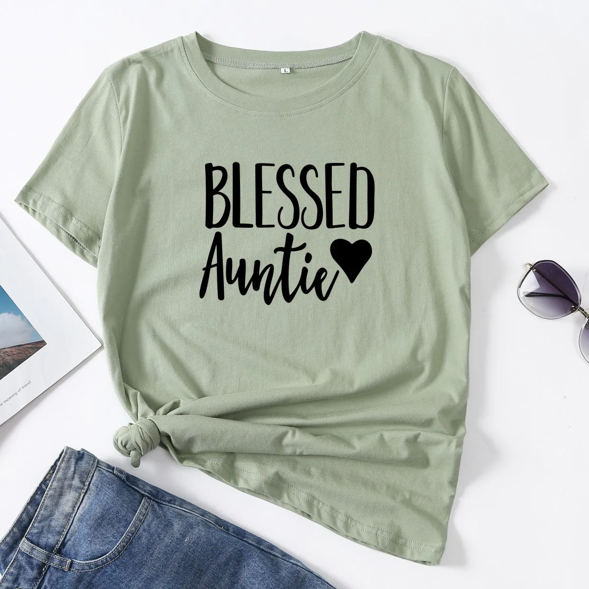 

Blessed Auntie Heart Aunt Top Graphic Tee Woman T-Shirt Short Sleeve T-Shirts Summer Tops for WomenCotton Female Shirt Clothes