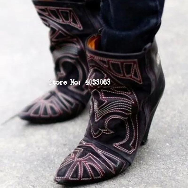 Botas Mujer/женские ботильоны; коллекция года; лоскутный с вышивкой; ковбойские ботинки; женская обувь на шпильках; женские короткие туфли без застежки с острым носком