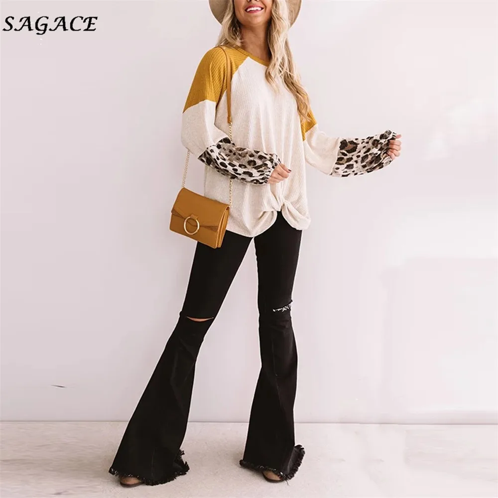Женская свободная футболка Sagace с леопардовым принтом модный Повседневный