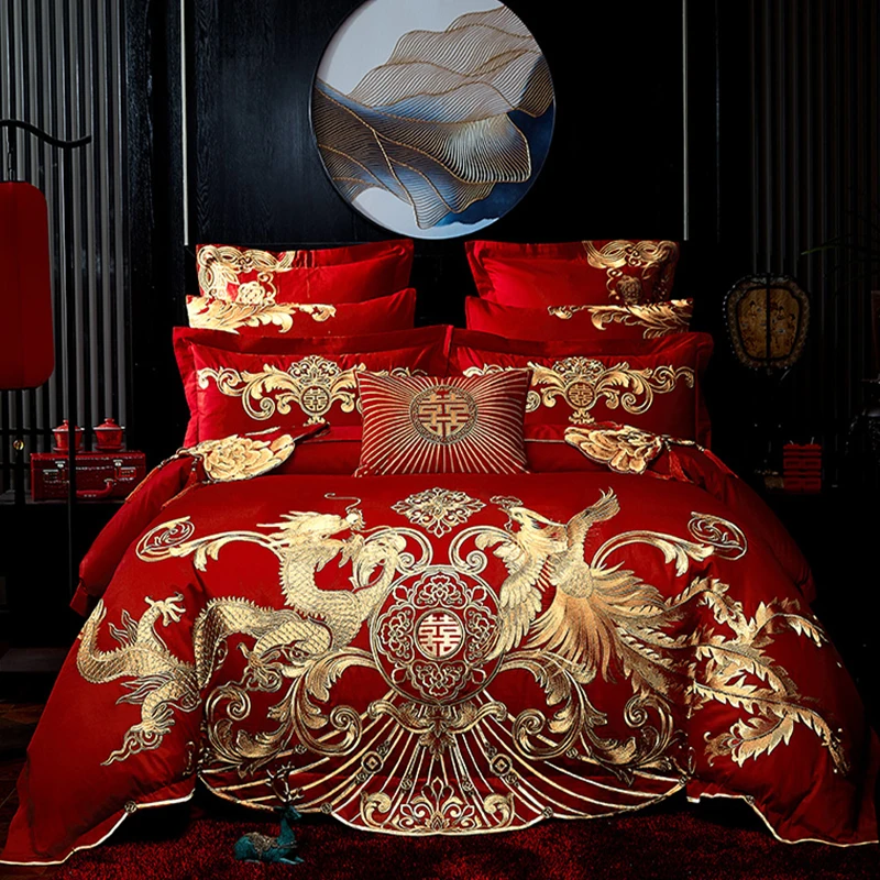 

Oriental Red Wedding four piece set big Pure cotton red embroidered Bedding Set 1 Quilt Cover + 1 Bed Sheet + 2 Pillowcases