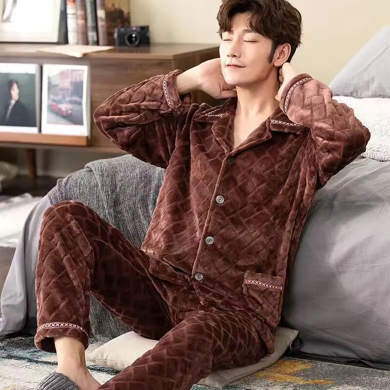 

2020 Ночная одежда с длинным рукавом Зимние коралловые флисовые плотные теплые фланелевые пижамные комплекты мягкие мужские пижамные компле...