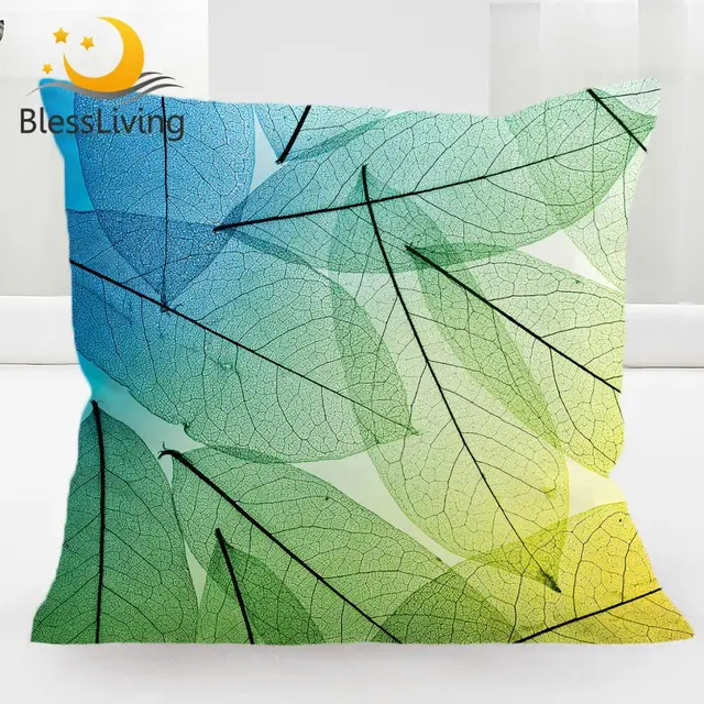 BlessLiving Plant Leaves Decorative Pillowcase Transparent Leaf Texture Cushion Cover Nature Pillow Cover Green Blue Kussenhoes 1