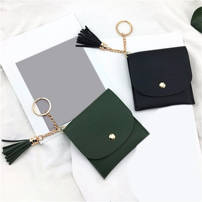 

Wallets Women Coin Purse Ladies Pu Leather Tassel & Metal Ring Clutch Keychain Thin Key Bag Card Holders Mini Pouch