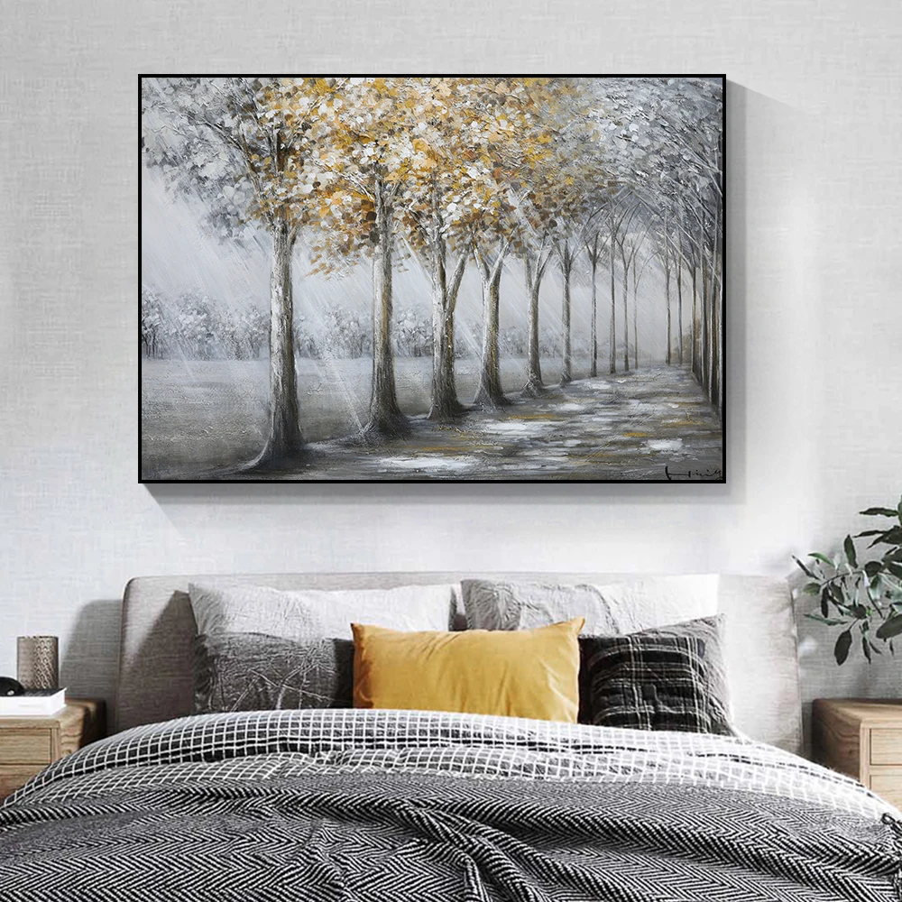 Плакат на холсте с золотыми листьями и серым деревом природный ландшафт