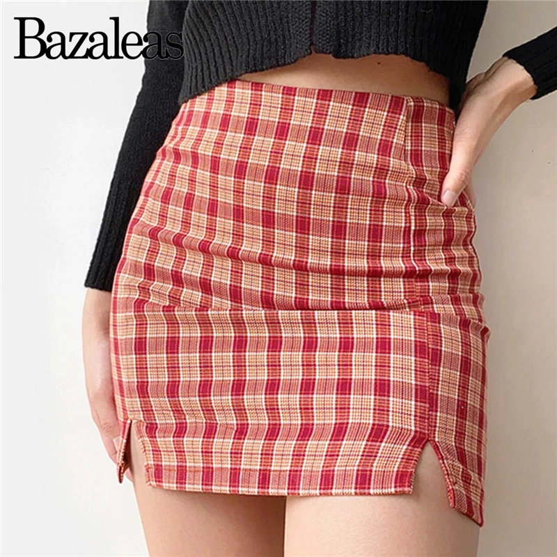 

Bazaleas Streetwear Slim Tartan Red Women A-line Skirt High Waist Split Short Skirt Mini Skirt harajuku plaid skirts womens