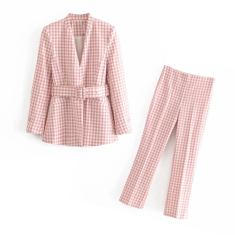 

2021 Office Casual blazer Two Piece Set Pink Vintage Plaid Pants Suit Women Sexy V-Neck Belt Blazer Coat+Flares Trousers Female