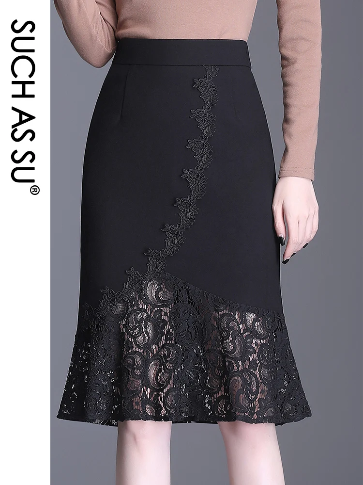 

New Spring Summer Lace Skirts Women 2021 Black High Waist Knee-Length Mermaid Skirt S-3XL Plus Size Ruffle Skirt Female 9630
