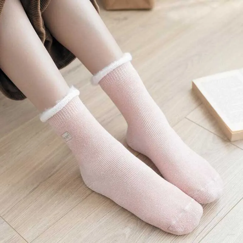 

Woman Winter Warm Socks Plus Velvet Thick Wool Tube Cotton Inner Socks Ladies Girls Casual Slippers Fluffy Home Floor Socks