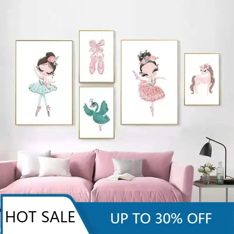 Постер балерины девочки Единорог Лебедь нордическая детская комната настенные