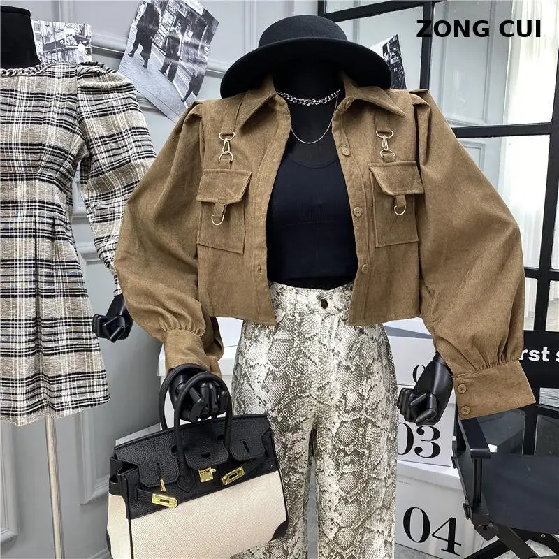 

Autumn women's Corduroy shirt coat Korean fashion women's Single Breasted puff sleeve cardigan fashion items Harajuku Shirt