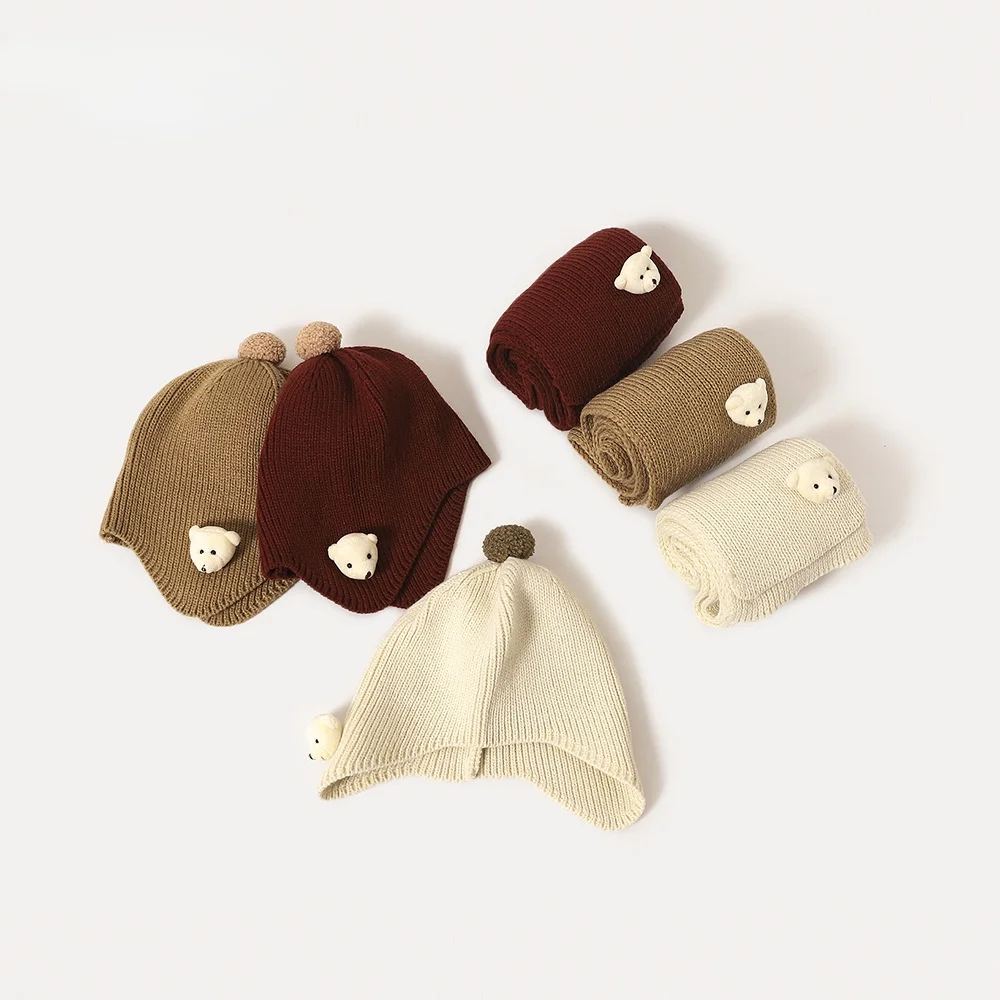 

Baby hat Scarf set Autumn Winter warm Cute Bear ear Protection Kids Knitted hat Cartoon Children's Photography props